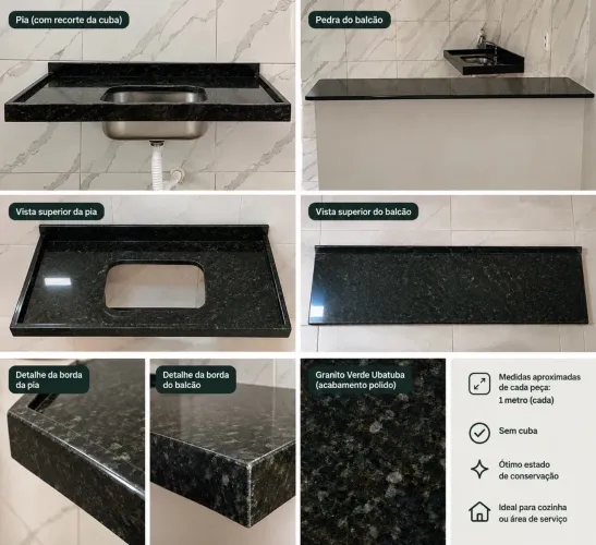 Bancada + Pia de Granito Verde Ubatuba - Ótimo Estado
