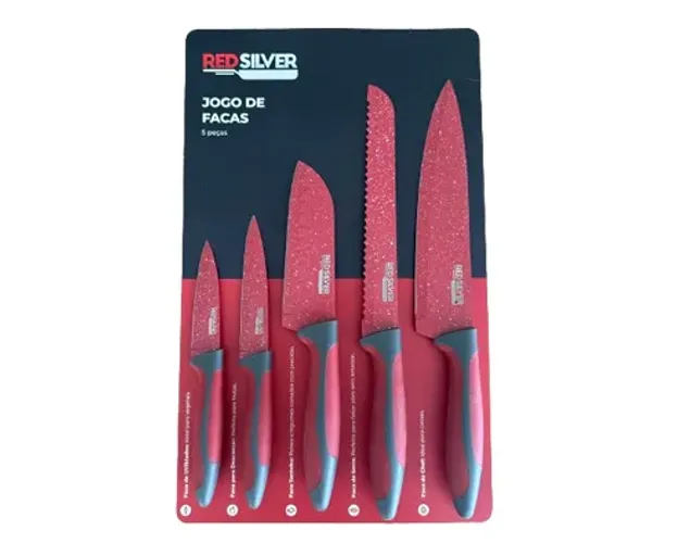 Jogo com 5 Facas Originais em Aço Inox RedSilver novo, lacrado.