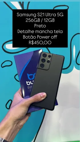 Samsung S21 Ultra 5G Preto / 256GB e 12GB RAM / Detalhe mancha tela / Botão Power OFF / 