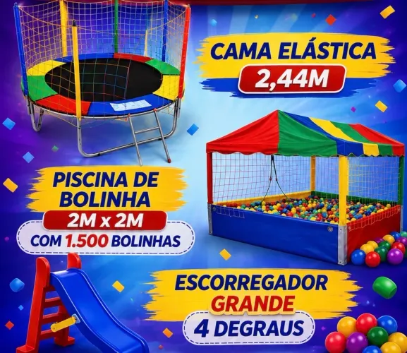 Kit 3 brinquedos cama elástica + piscina de bolinha + escorregador 