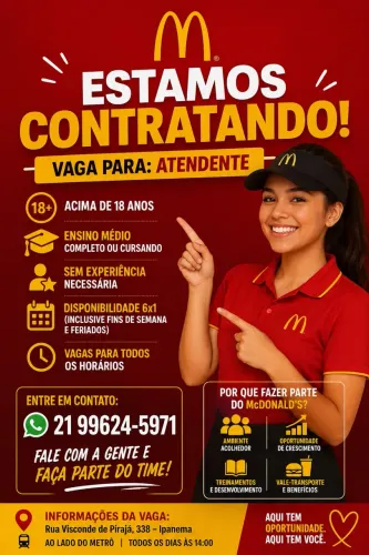 Vaga de atendente de restaurante e partaime para o McDonald?s de Ipanema