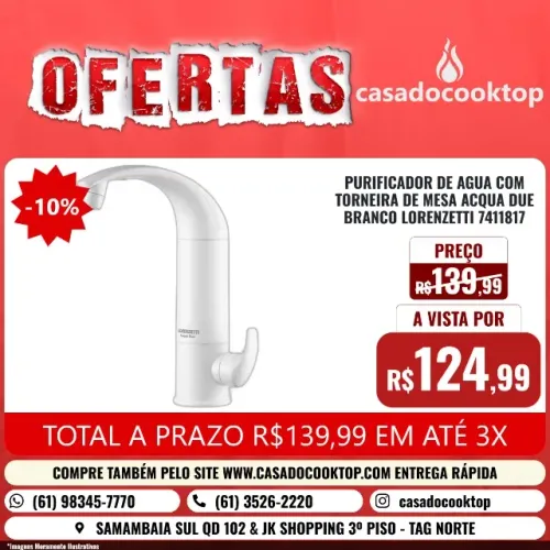PURIFICADOR DE AGUA COM TORNEIRA DE MESA ACQUA DUE BRANCO LORENZETTI 7411817