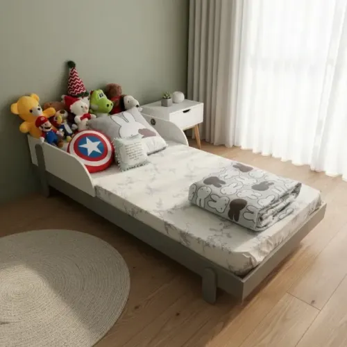 Mini Cama Infantil Montessoriana Com Grade Cinza E Branca (Usado