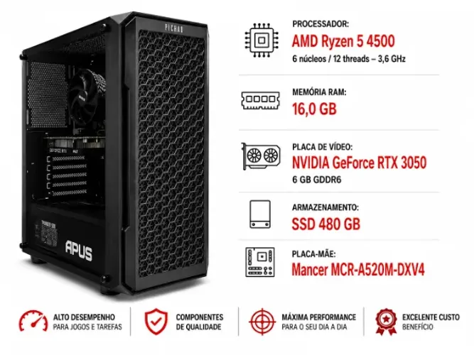 PC Gamer Pichau AMD Ryzen 5 4500 NVIDIA GeForce RTX 3050 e RAM de 16GB