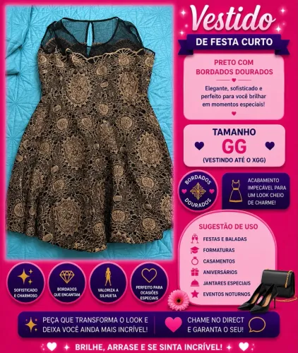 Vestido de festa curto preto com detalhes dourados tamanho GG 