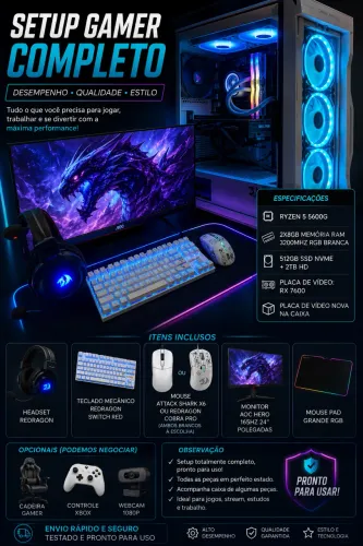 PC Gamer Ryzen 5 5600G + RX 7600 8GB + Monitor 165Hz Completo
