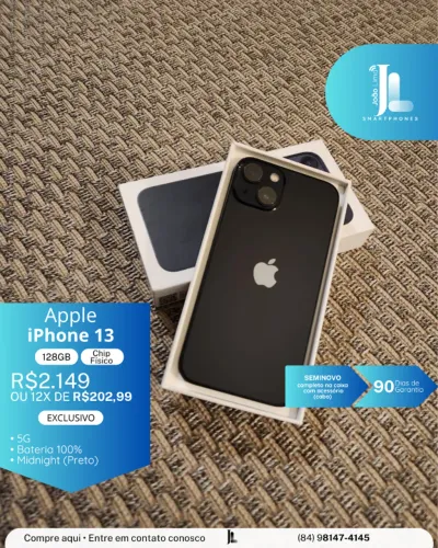 IPHONE 13, 5G, 128GB,  PRETO, CHIP FÍSICO,, SEMINOVO, EXCLUSIVO!