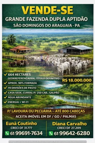FAZENDA 664 HA FORMADA SUL DO PARÁ DUPLA APTIDÃO 90% ABERTA SÃO DOMINGOS DO ARAGUAIA-PA