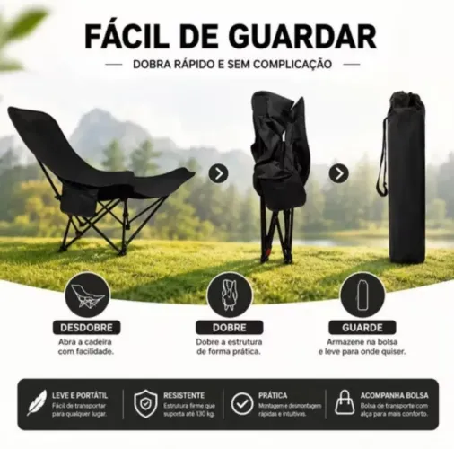 Cadeira camping dobrável regulável com apoio prós pés