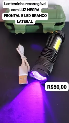 Lanterninha recarregável de Luz negra frontal e led branco lateral / SUPER OFERTA 