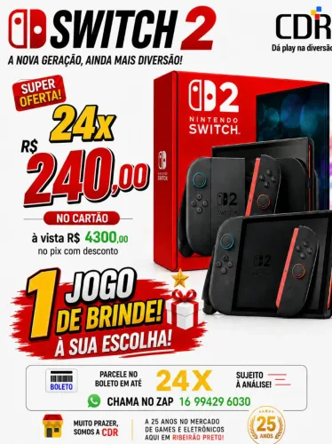 Switch 2 com 1 jogo de brinde em até 24x Frete grátis 