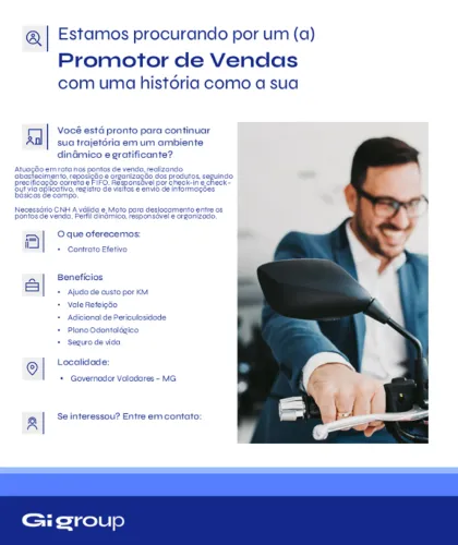 Promotor de Vendas com moto (Governador Valadares - MG)