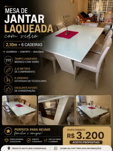 Mesa de Jantar Laqueada com Vidro - 2,10 m + 6 Cadeiras
