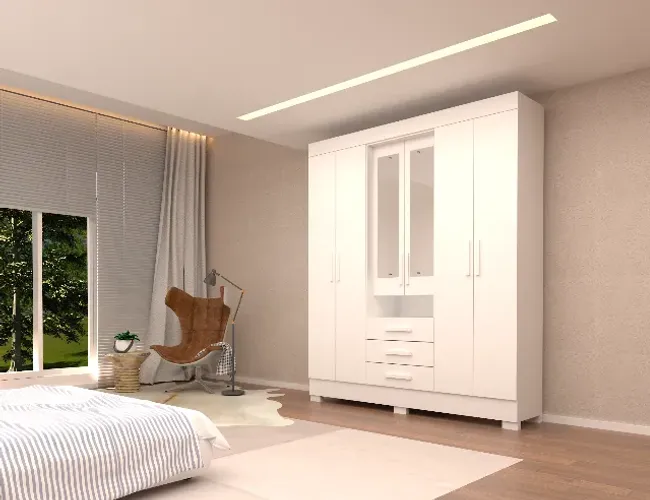 Guarda-Roupa Casal 6 Portas c/ 3 Gavetas Com Espelho Débora 100% MDF