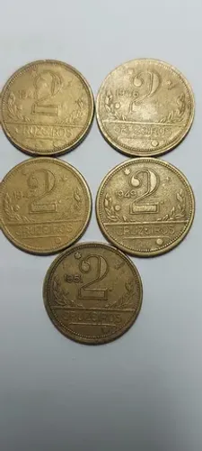 Lote (5) De Moedas Antigas De 2 Cruzeiros-1945,1946,1947,1949 e 1951 Muito Bem Conservadas