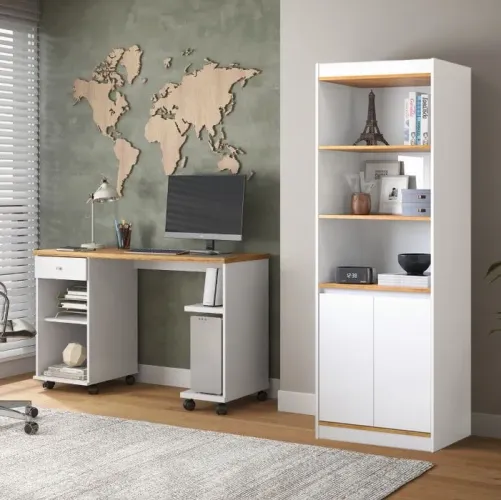 Mesa para Computador Million + Armário Multiuso Encanto Branco/Cinamono