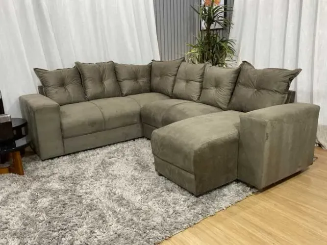 Sofá de Canto 5 Lugares com Chaise Suede Cappuccino 