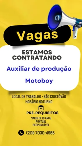 LANCHONETE EM SÃO CRISTÓVÃO CONTRATA AUXILIAR DE PRODUÇÃO E MOTOBOY PARA INÍCIO IMEDIATO!