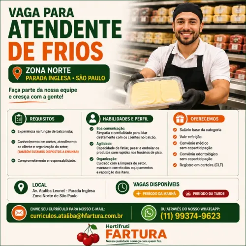 Vaga para Atendente de Frios - Zona Norte (Parada Inglesa - São Paulo)