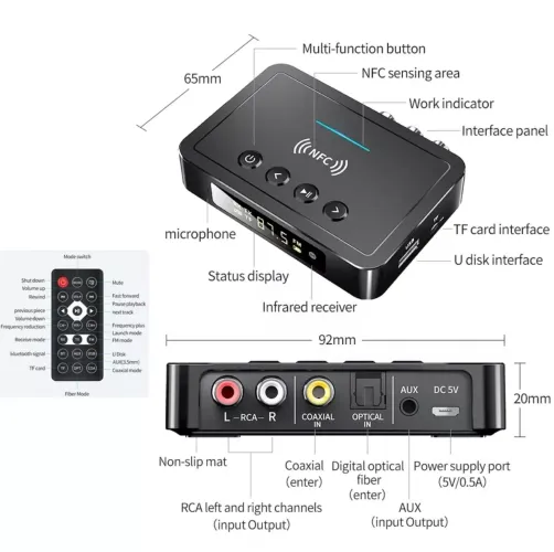 Receptor e Transmissor de Áudio Spdif Nfc Usb Fm Bluetooth 5.0 M6