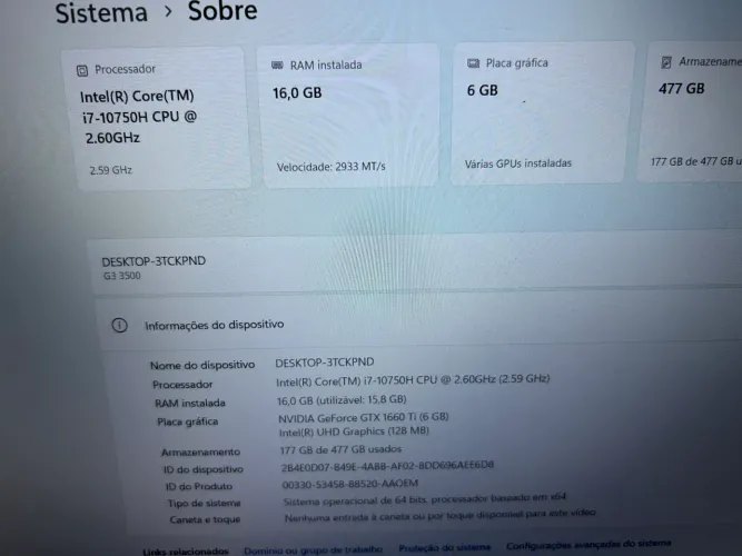 Dell Gamer G3 - PROCESSADOR INTEL I7-10750H - 16GB RAM - NVME 480GB - VGA GTX 1660TI