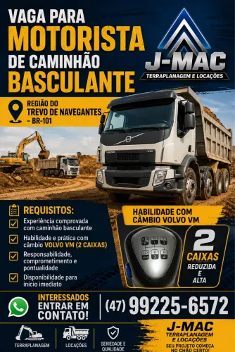 Vaga para motorista caminhão caçamba