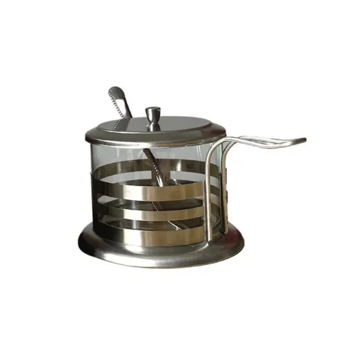 Açucareiro Em Vidro E Aço Inox Com Tampa E Colher