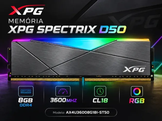 Memória RAM XPG 8GB 3600MHz DDR4 RGB Spectrix D50