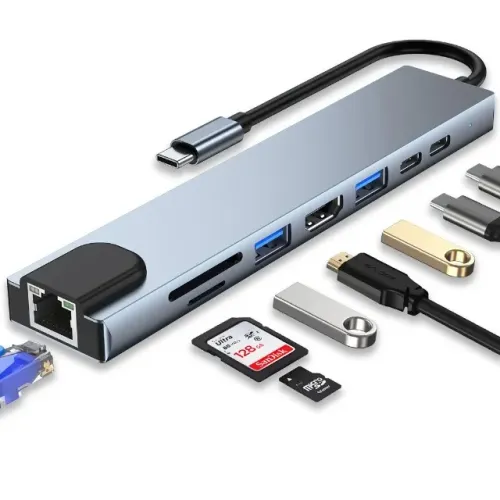 Adaptador Hub USB-C 8 em 1 B-Max HDMI 4K RJ45 FAST 2x USB 3.0 2x USB 2.0 SD PD Notebook Ma
