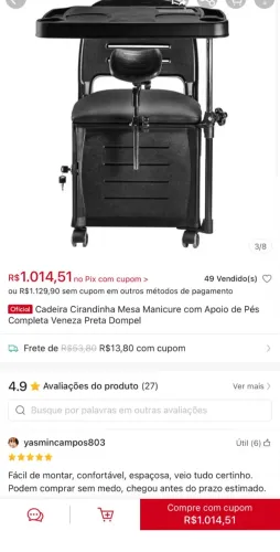 Cadeira cirandinha, mesa manicure com apoio de pés, completa Veneza preta Dompel