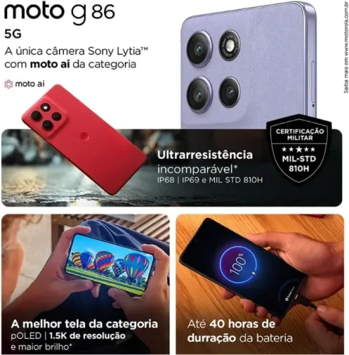 martphone Motorola Moto g86 5G - 256GB 24GB (8GB RAM+16GB Ram Boost) Tela 1.5K pOLED, 50MP