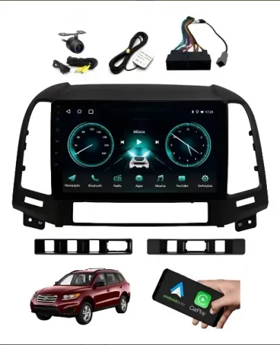 Central Multimídia Android 13 9 Pol. c/ Carplay e Android Auto Santa Fé 2007 a 2013