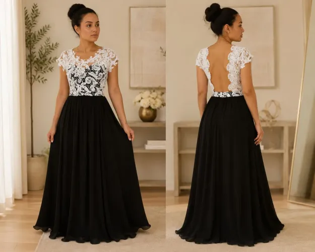 Vestido Longo Renda Floral Preto e Branco - Costas com Tule e Bojo (Tam P/M)