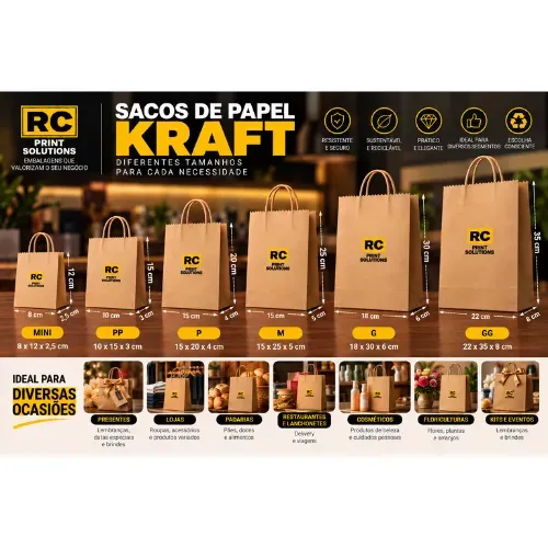 Saco/Sacola alça kraft/cordão MINI/PP/P/M/G/GG - Kraft Liso 90g