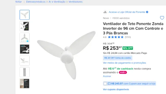VENTILADOR DE TETO PONENTE 3 PÁS E 2 LÂMPADAS COM CONTROLE