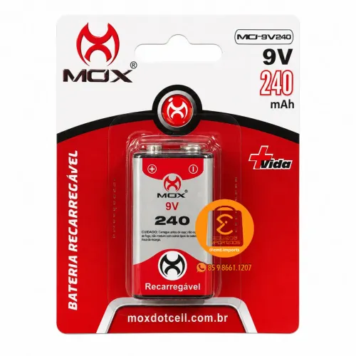 Bateria, Pilha 9V Recarregável Longa Duração MOX