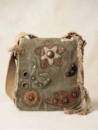 Bolsa Tiracolo Boho Chic Lona Verde Militar com Franjas e Apliques"