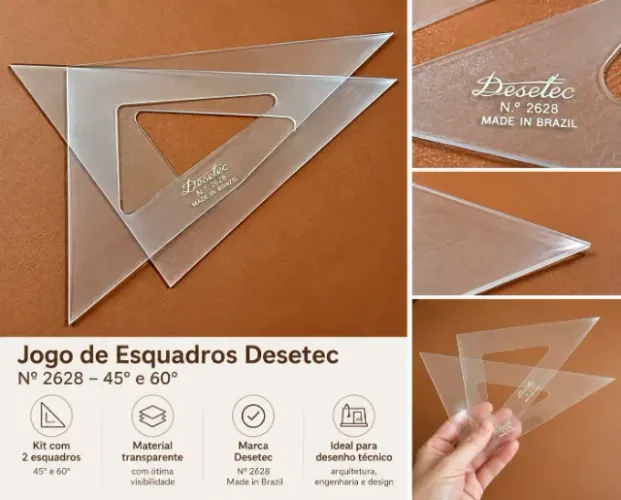 Par de Esquadros Desetec Trident 45° e 60° em Acrílico para Desenho Técnico