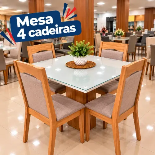 Mesa 4 cadeiras tampo de vidro em promoção na nossa loja