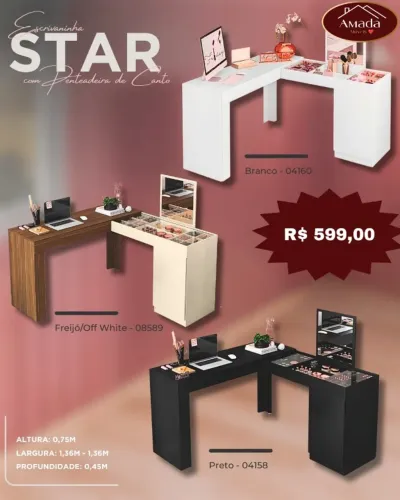 Escrivaninha Star com penteadeira de canto, a pronta entrega.