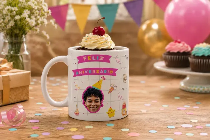 Caneca 325ml Feliz Aniversário Com Foto E Nome Parabéns