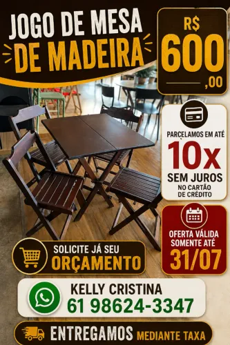 Jogo de Mesa de Madeira Completo | 4 Cadeiras Dobráveis