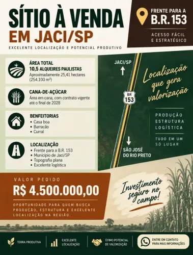 SITIO A VENDA EM JACI APTIDAO CANA E PECUARIA PROXIMO BR 153