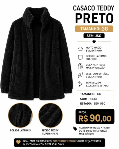 Casaco Teddy comprido preto gg novo