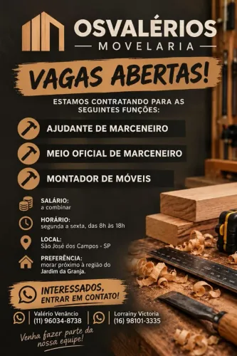 Vagas para Ajudante, Meio Oficial e Montador de Móveis
