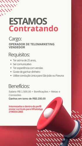 Vaga para Operador de Telemarketing
