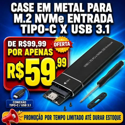 Case em Metal para M2 NVMe Tipo-C / USB 3.1