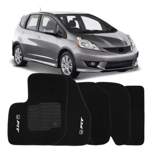 Jogo Tapete Carpete Honda New Fit 2010 à 2014 - Logo Bordado Preto