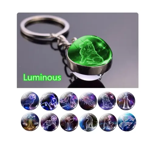 Cheveiros signos do zodíaco 12 constelação unisex, chaveiro com bola de vidro e seu signo