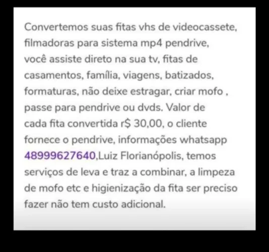 Conversão de fitas VHS para MP4 em Pendrive ou DVD